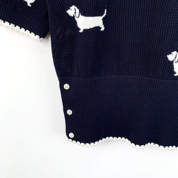 Thom Browne Navy Blue Dog Intarsia Cotton Knit Short-Sleeve Sweater M - Picture 5 of 7